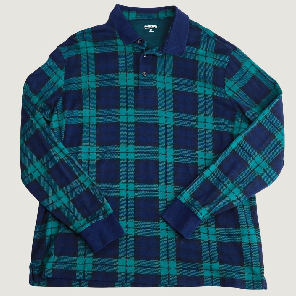 Lands End Polo Shirt Mens XL Traditional Fit Blue Green Plaid Long Sleeve Rugby